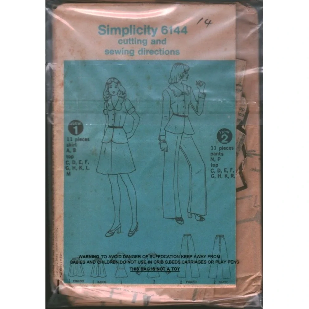 Vintage Simplicity 6144 Sewing Pattern 70s Skirt Pants Peplum Top Set Size 14